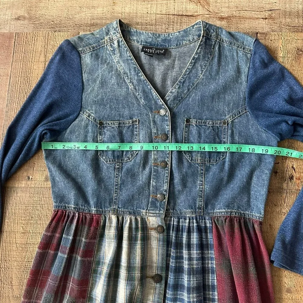 Vintage Denim & Plaid Patchwork Maxi Dress With Long Sleeves & Button Front - Picture 2 of 12